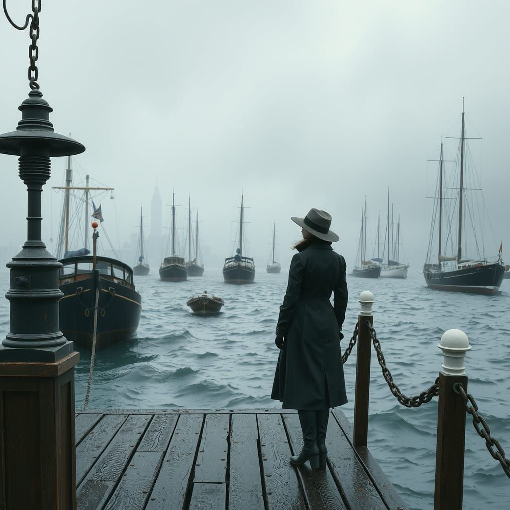 Misty Harbour Scene in Moody Watercolour Style