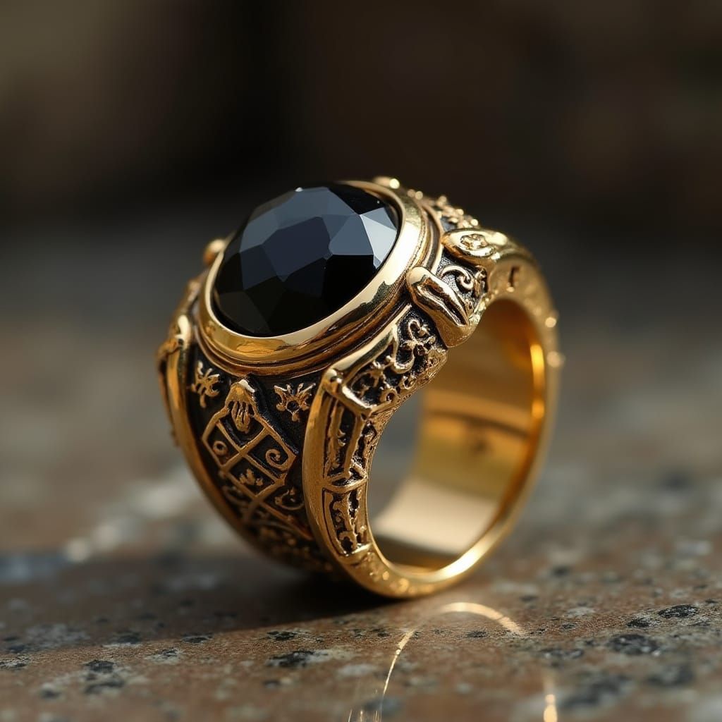 Mens Ornate Gold Ring with Black Onyx on Countertop