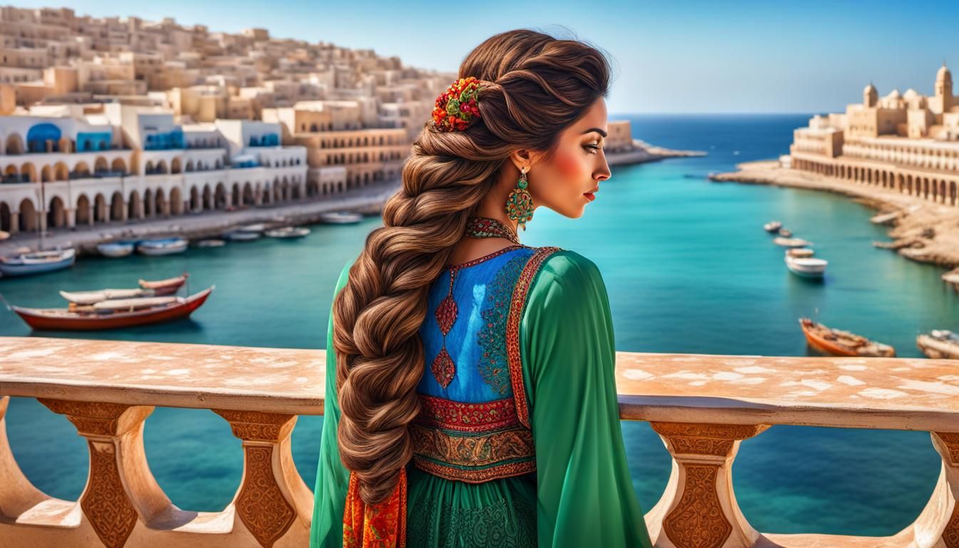 Algerian Woman on Balcony with Vibrant Colors