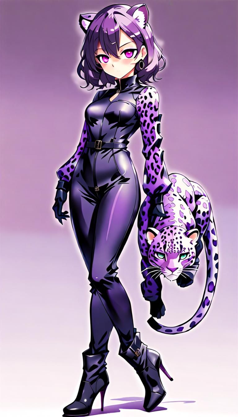 Anime Leopard Woman in Black Jumpsuit