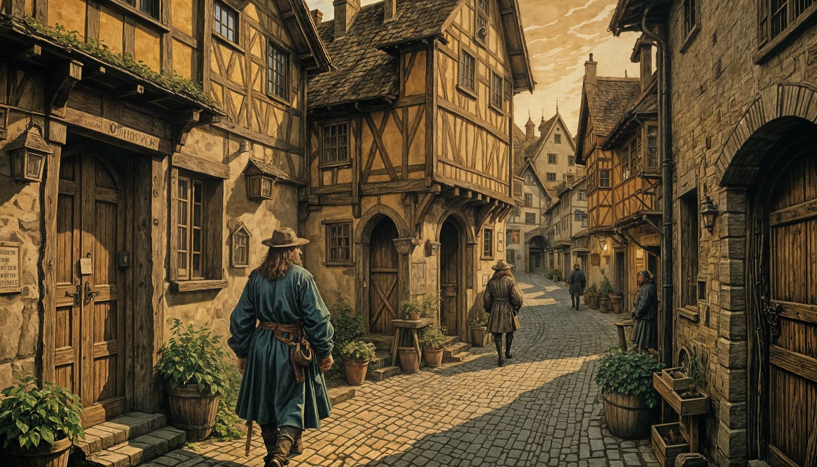 Alleyway Outside Tavern in Albrecht Durer Woodcut Style