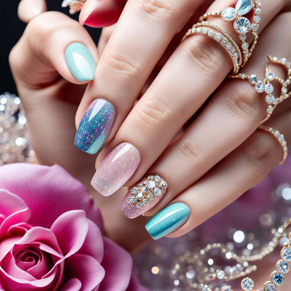 Detailed Hand with Manicured Nails and Diamond Patterns
