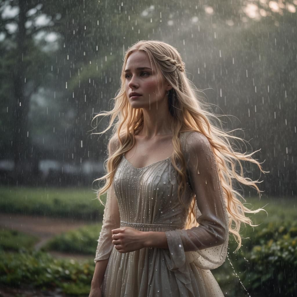Serene Woman in Rain: Cinematic Anime Photograph