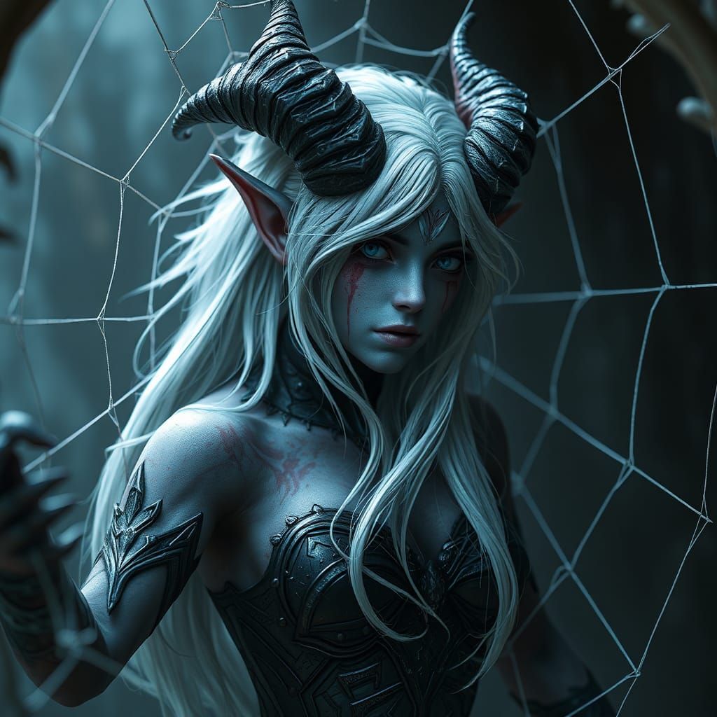 Drow Female Entangled in Web, Fantasy Art