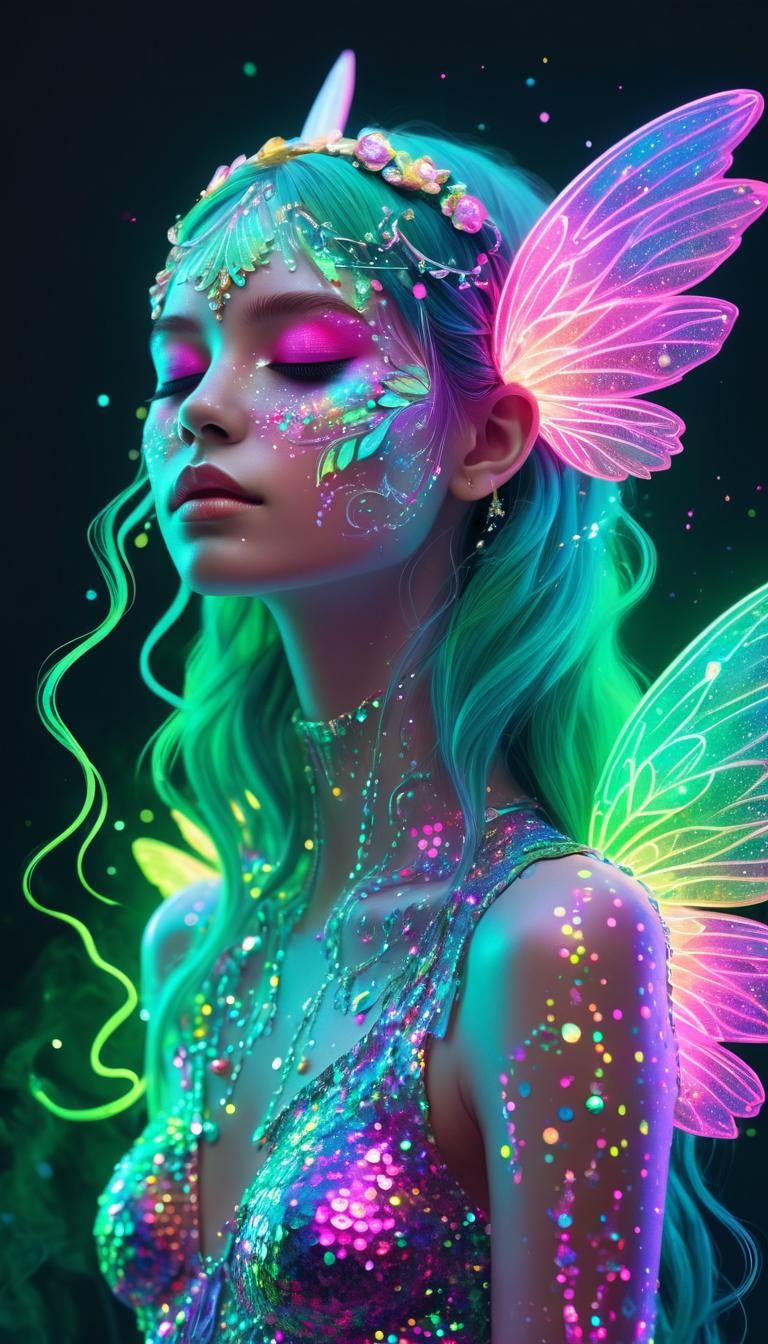 Fantasy Fairy with Glowing Pink and Green Wings in Neon Glit...