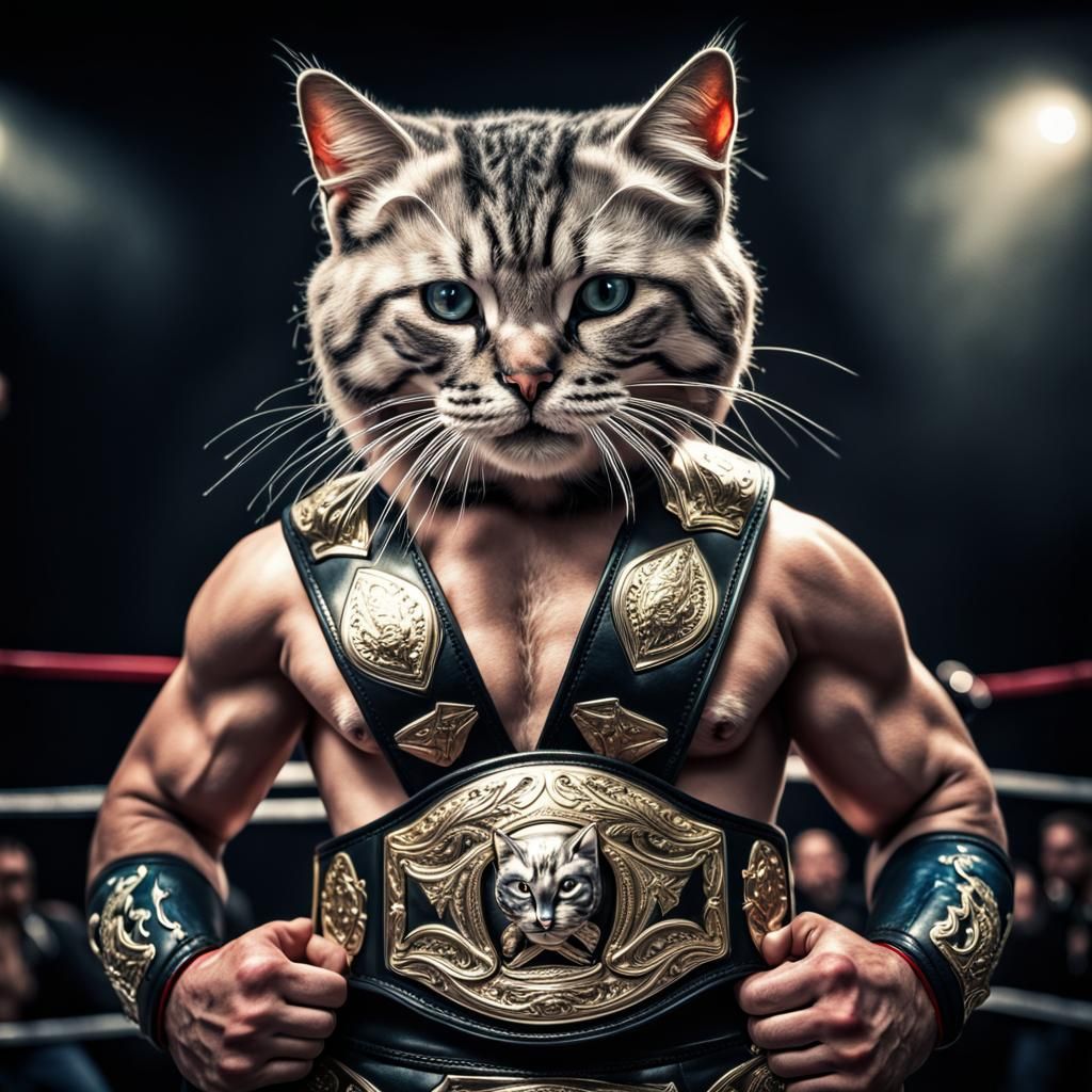 Hyperrealistic Kitty Wrestler with Championship Belt
