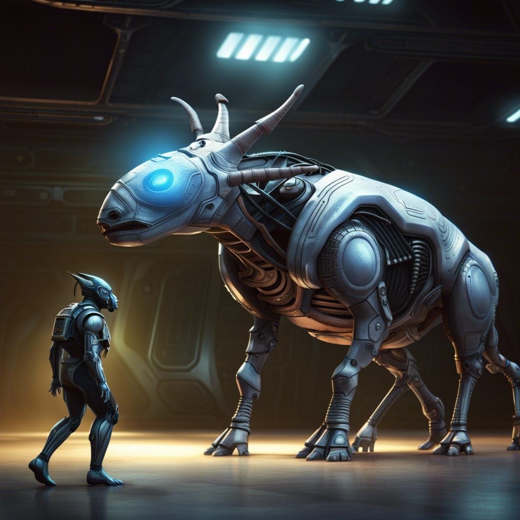 Alien Walks Cyborg Rhino Pet in Sci-Fi Style