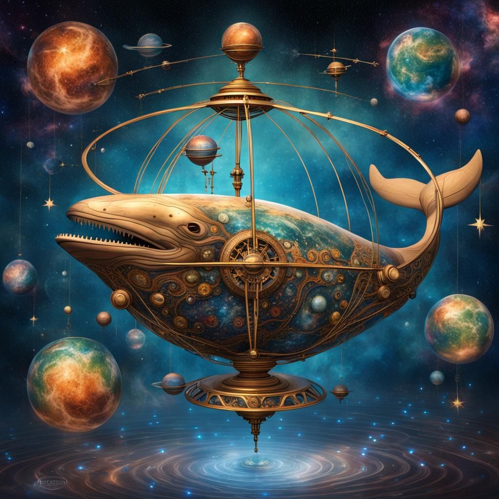 Steampunk Whale Navigates Celestial Orrery in Space