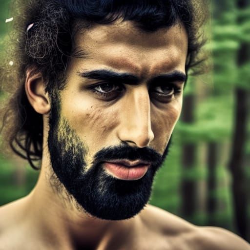 Artistic Portrait of Sweaty Arab Man in Forest
