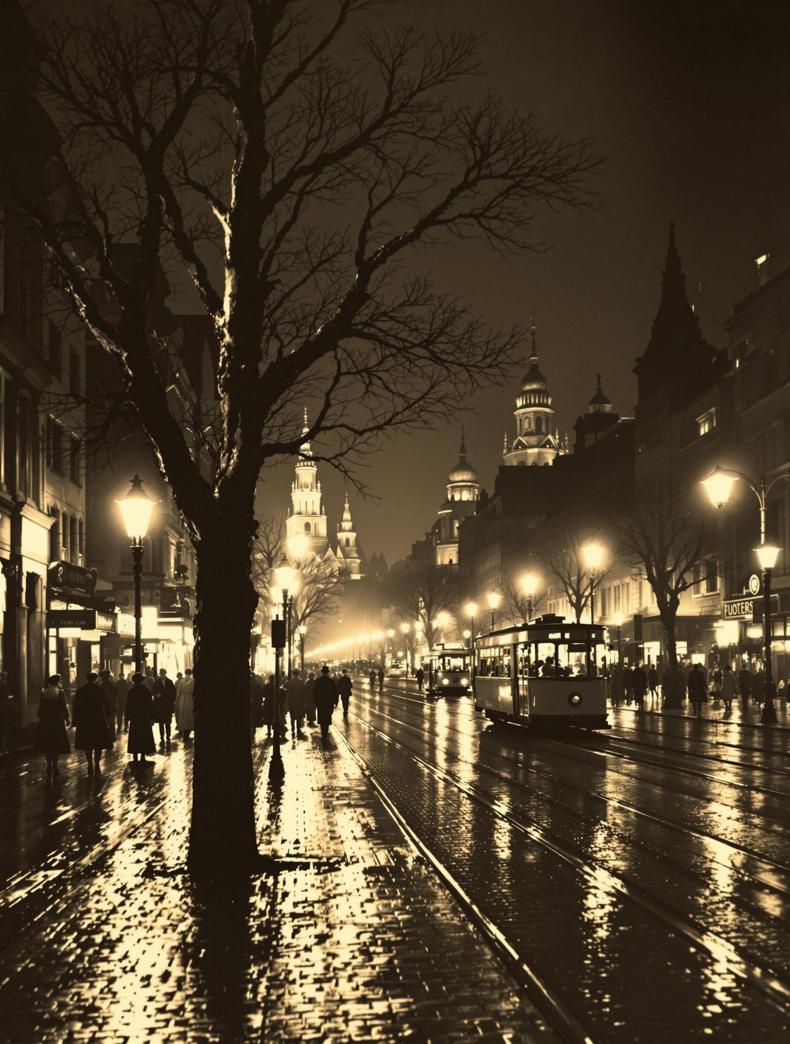 Bustling City Street at Night with Trolley