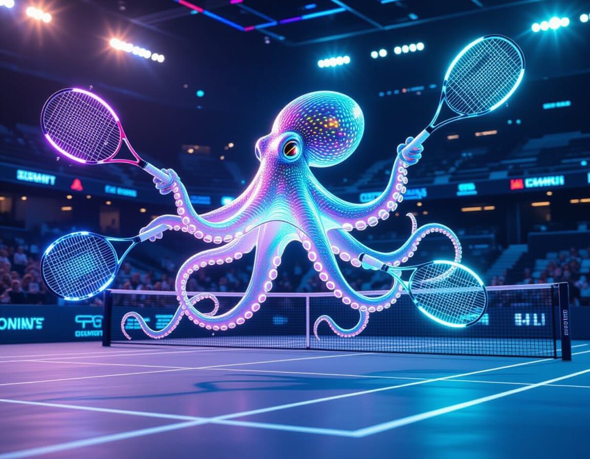 Holographic Octopus Athlete in Cyberpunk Style