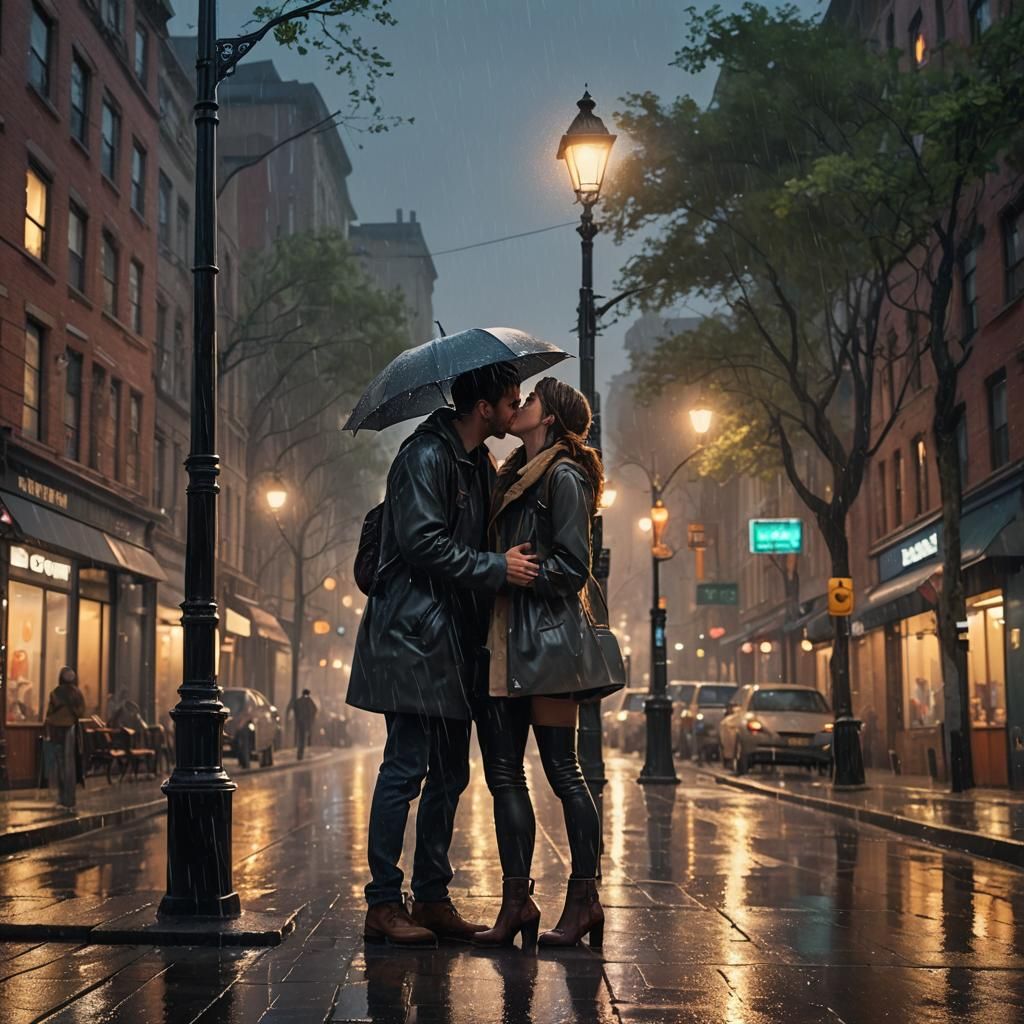 Romantic Kiss in Rainy City Street at Dusk