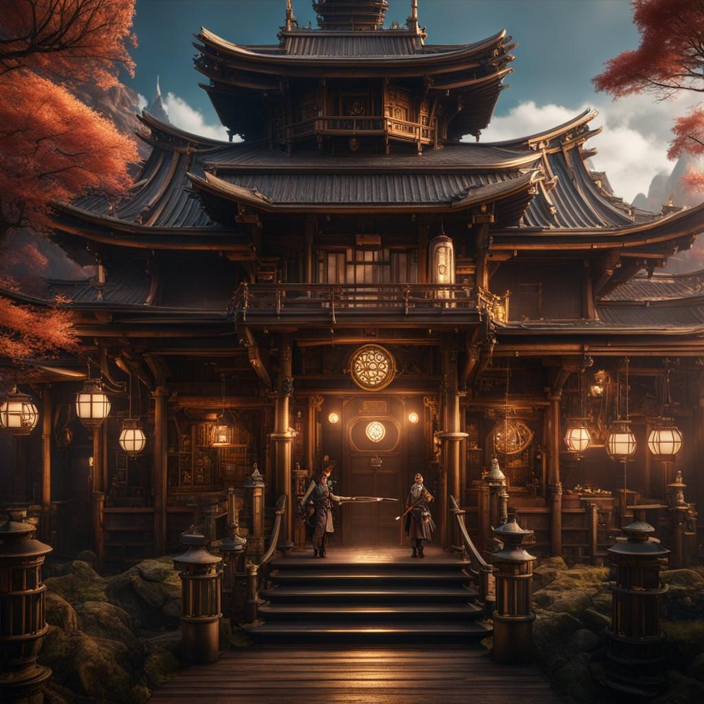 Steampunk Japanese Adventurer Guild: Detailed Matte Painting