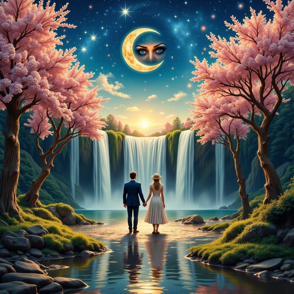 Couple Gazes at Goddess Muse Under Van Gogh Starry Sky