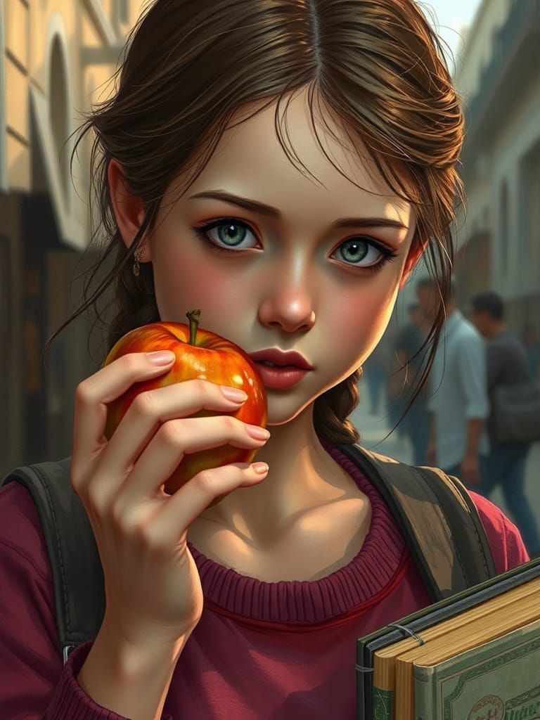 Portrait of a girl eating an apple, her face is without make-up, her face is clean, fresh as air, the girl is walking do...