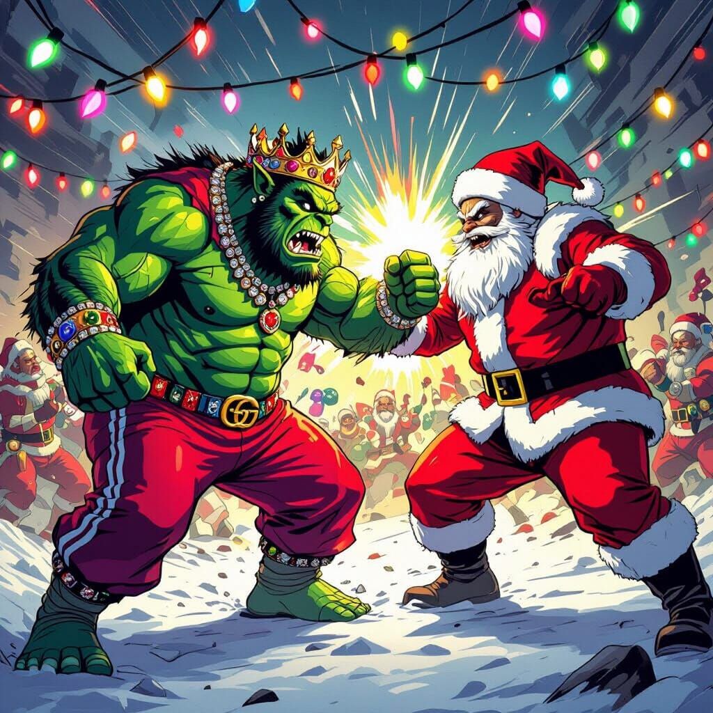 Ogre Battle: Gucci vs. Santa Claus in Comic Style