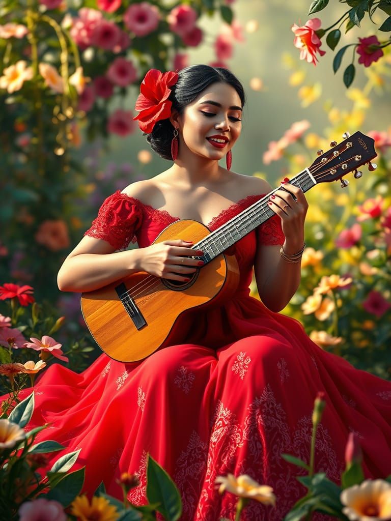 Stunning Fantasy Woman in Crimson Gown, Strumming Guitar in ...
