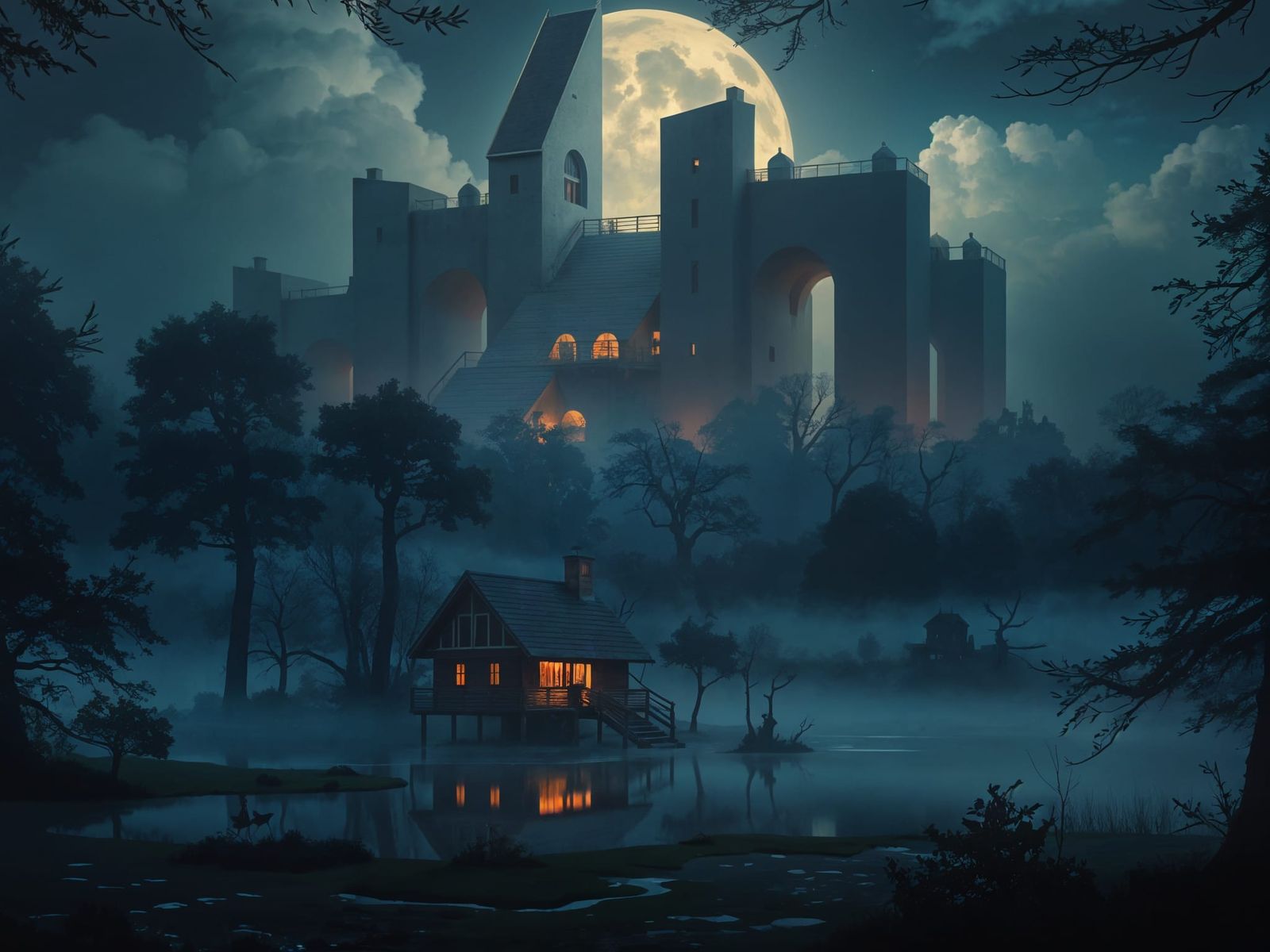 Enchanted Forest Village at Night in Anime Style