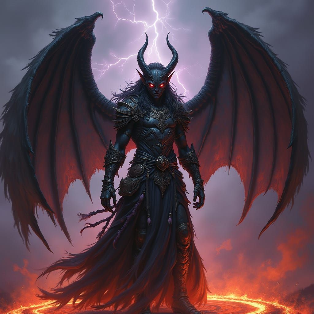 Tiefling Warrior in Fiery Circle, Dark Fantasy Oil Painting