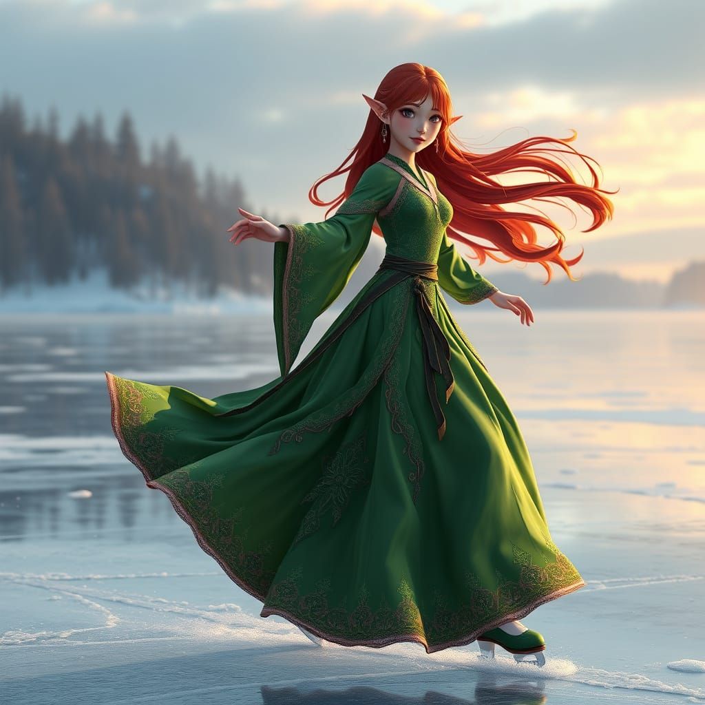 Elf Ice Skating on Frozen Lake in 3D Anime Style