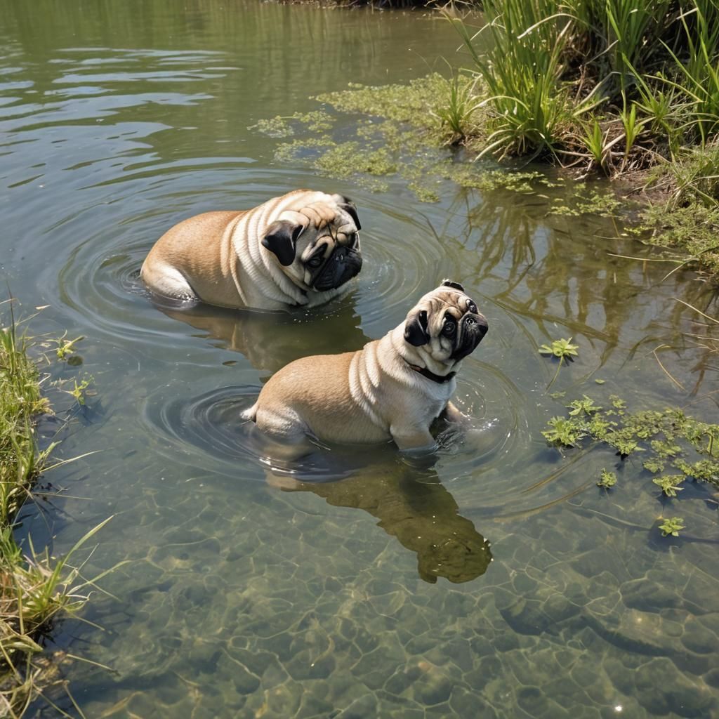 Pug and Manatee Kiss in Sparkling River