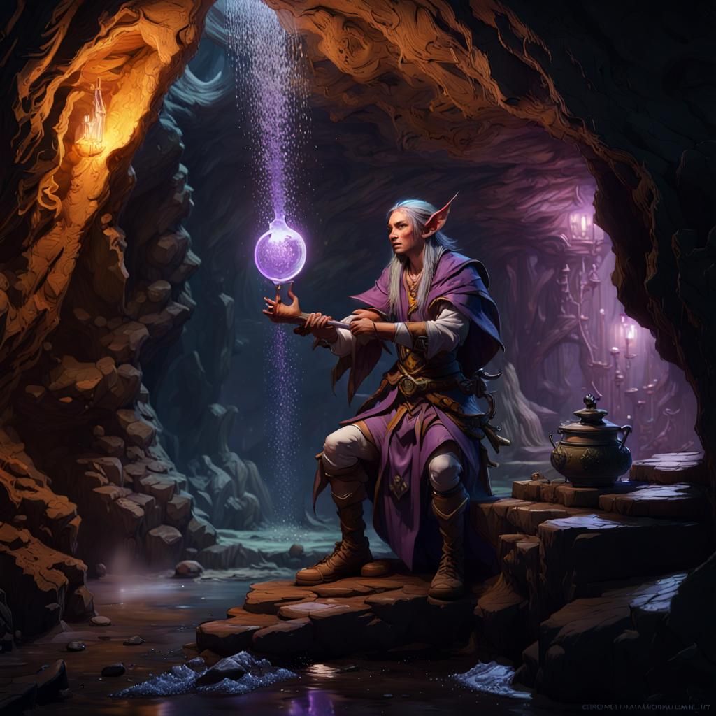 Wood Elf Cleric in Dark Cave: Fantasy Concept Art