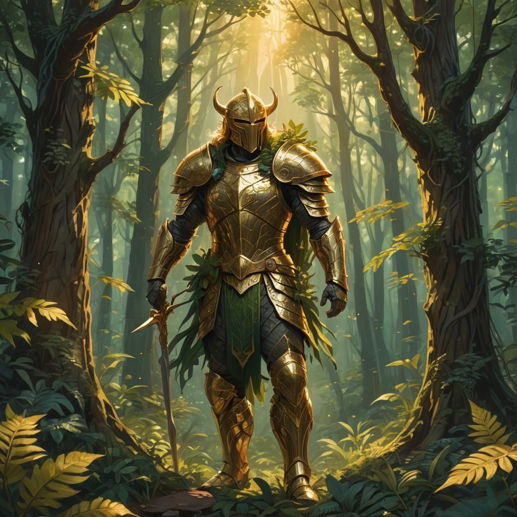Brave Warrior in Luminous Forest: Digital Art