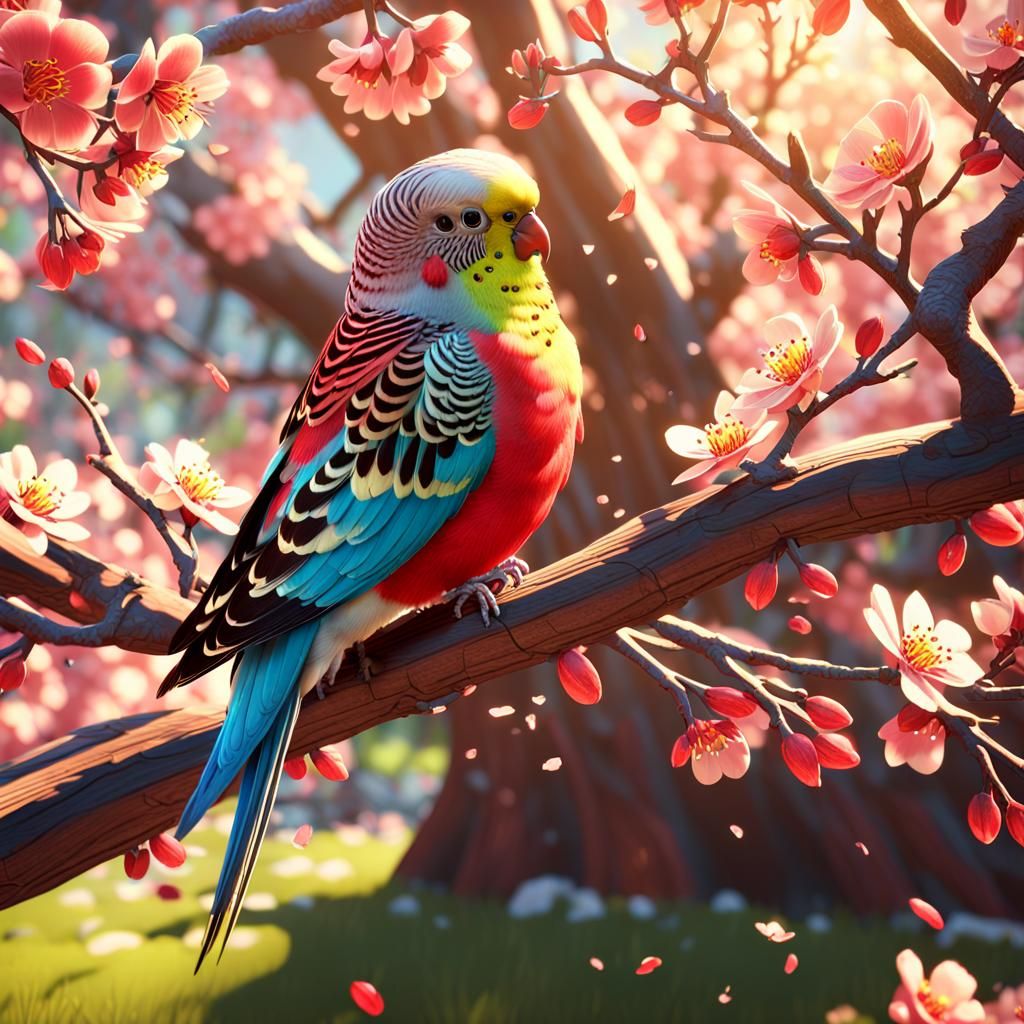 Red and Tan Budgie on Blossoming Tree in 3D