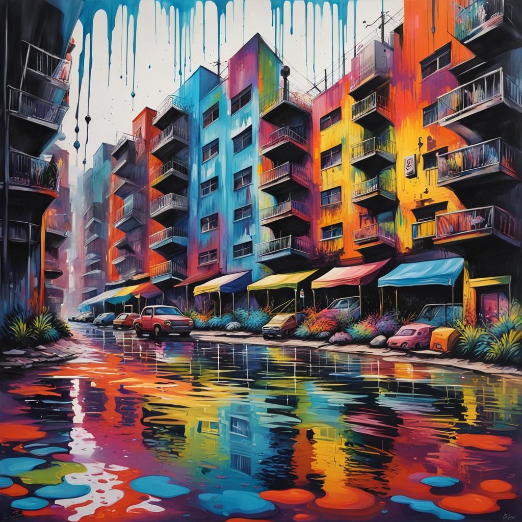 Colorful Polychromatic Aqva Landscape in Graffiti Style