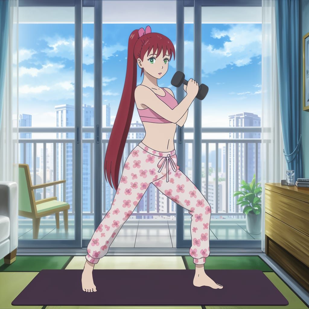 Anime Woman Doing Shoulder Exercise with Dumbbell