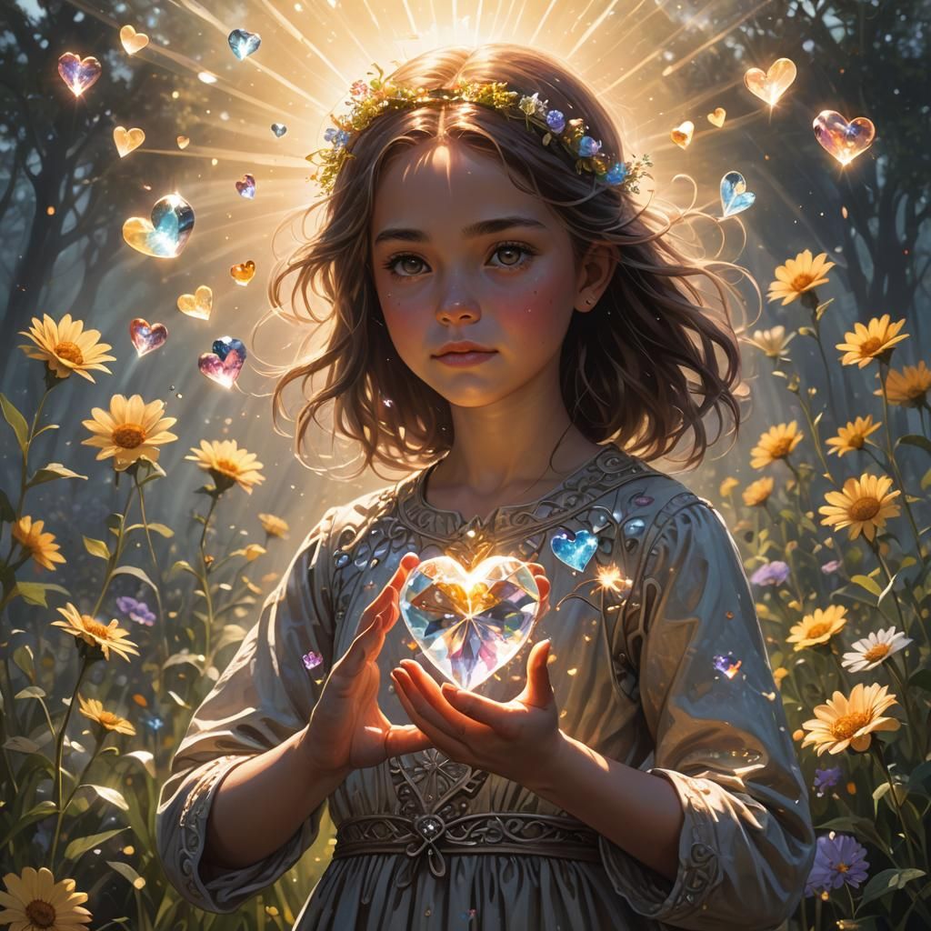 Girl Holds Sparkling Heart Crystal to the Sun