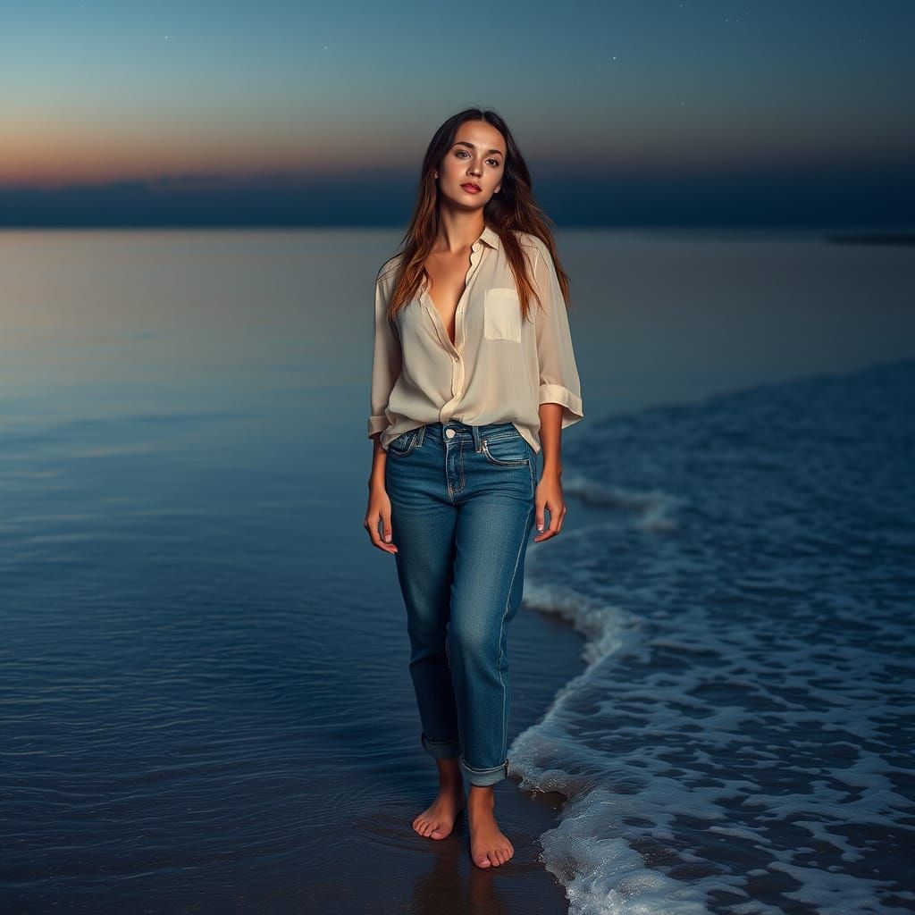 Woman at Twilight Tidepool Reflecting Distant Stars