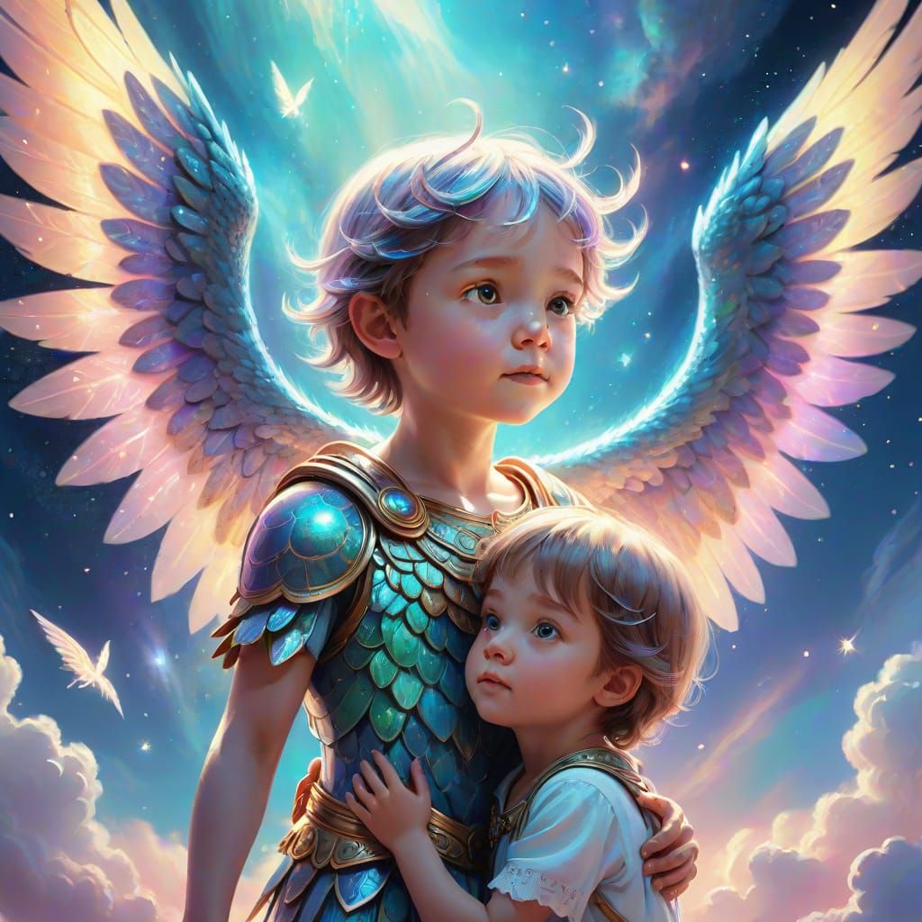 Celestial Creature Protects Child: Fantasy Art