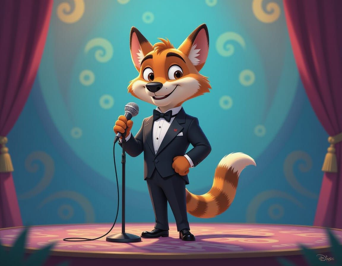 Cartoon Tasmanian Tiger on Stage in Psychedelic Style