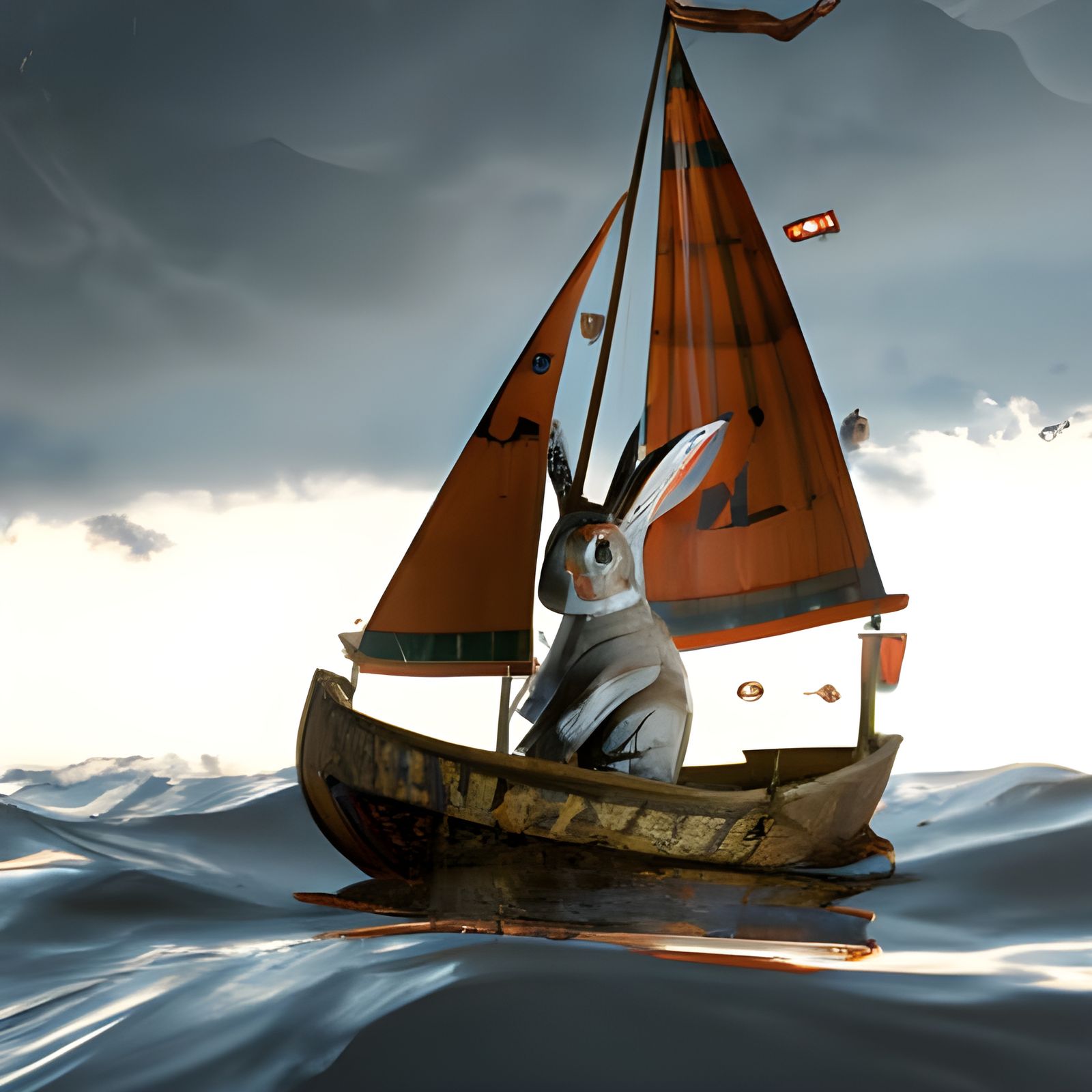 Rabbit Castaway on Stormy Sea: Digital Illustration