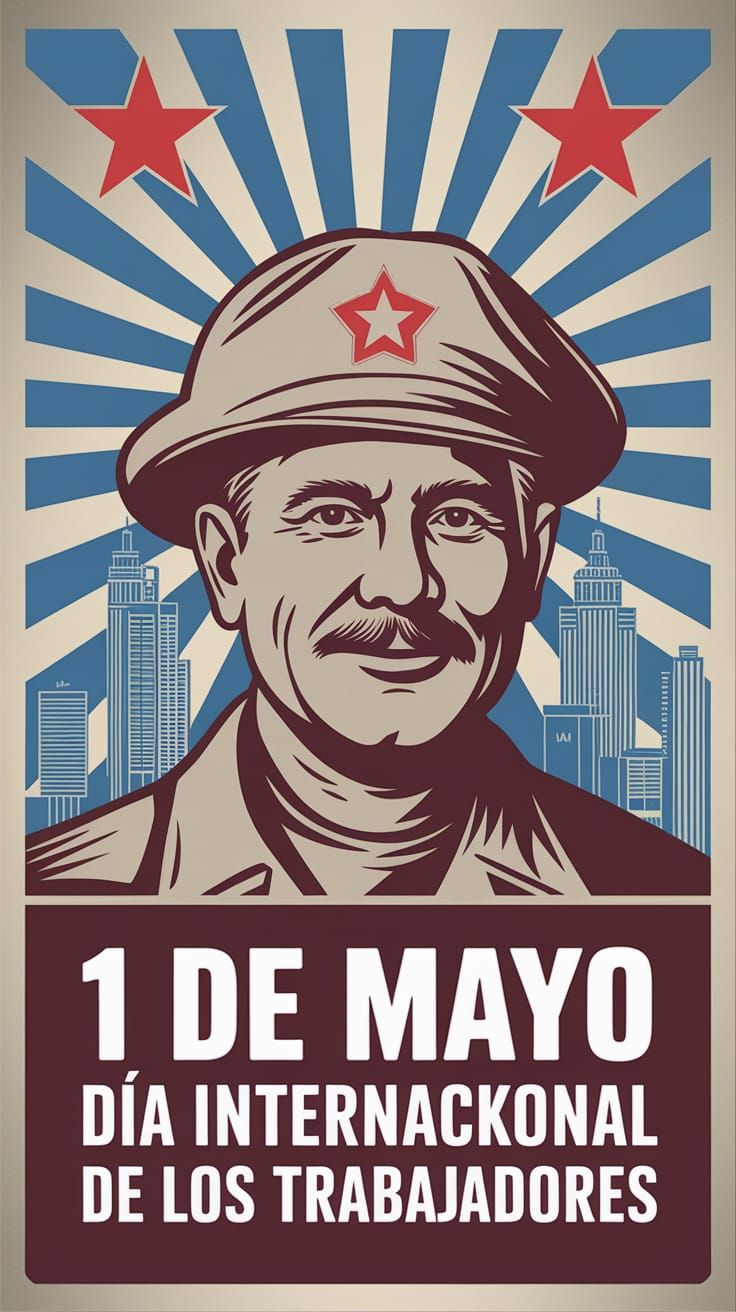 Cartel soviético que dice "1 de mayo Día Internacional de los trabajadores"