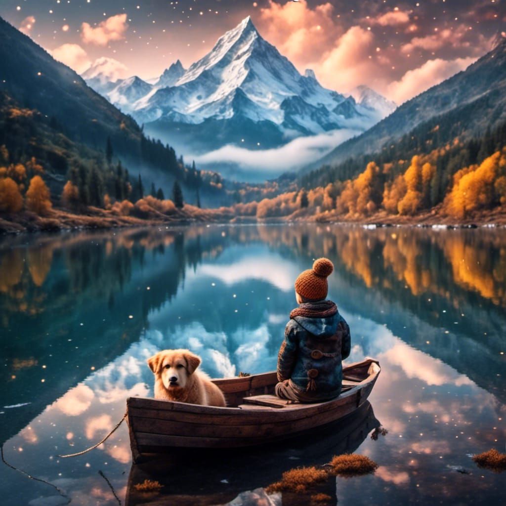 Boy and Dog Admire Snowy Mountains
