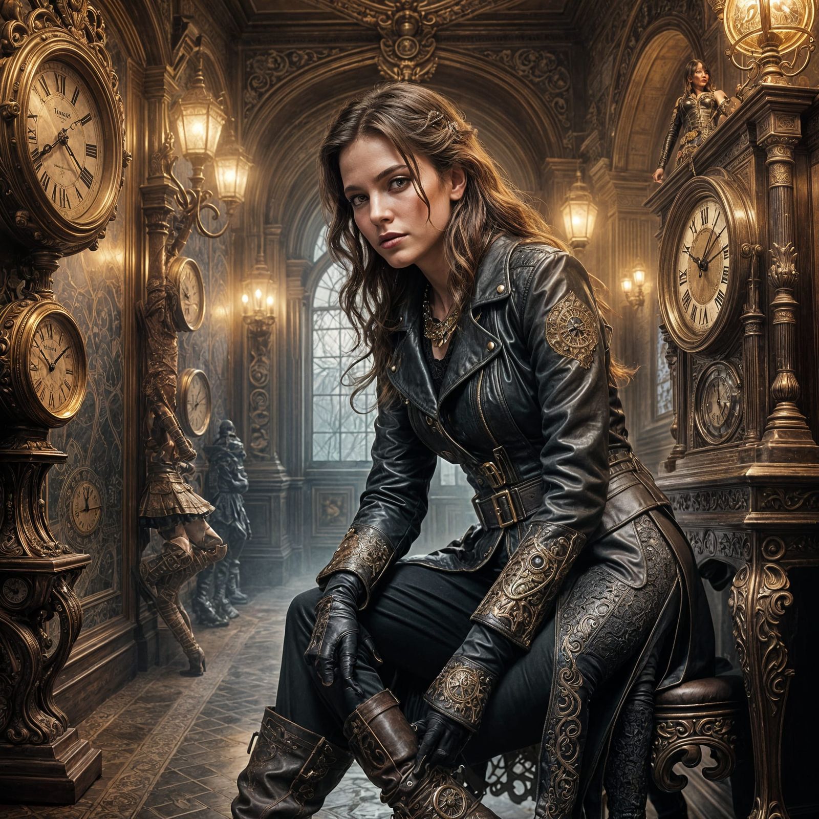 Ethereal Fantasy Woman Surrounded by Whimsical Clocks