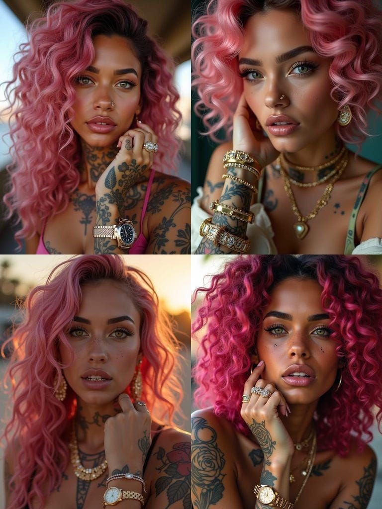 Realistic Portrait of a Young Woman with Pink Hair and Tatto...