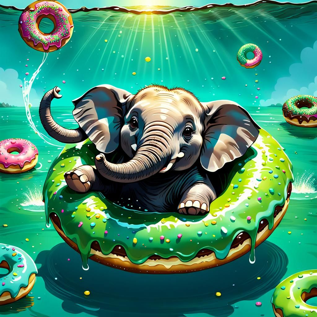 Elephant Floats with Donut Swim Ring Cartoon