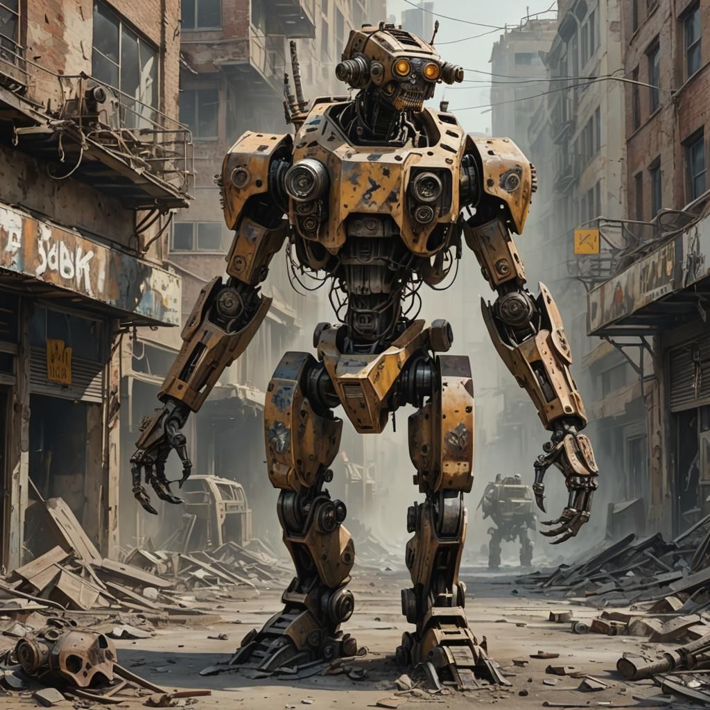 Apocalyptic Centaur Combat Robot in Acrylic Painting Style