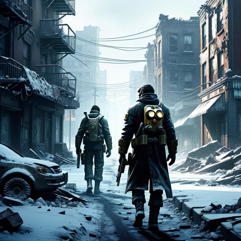 Gritty Man Walks Through Ruined City Streets in Winter