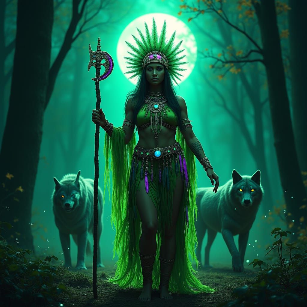 Majestic Native American Goddess Warrior Under Moonlight