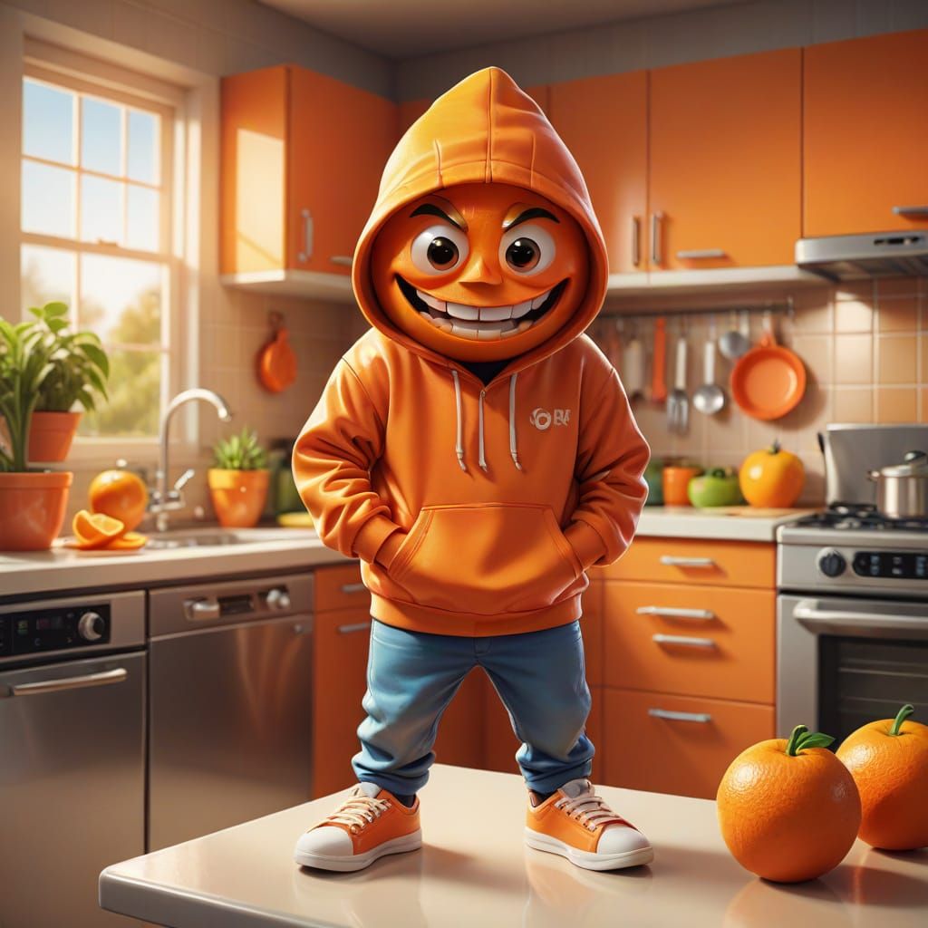 Whimsical Orange Character Leans Against Kitchen Counter