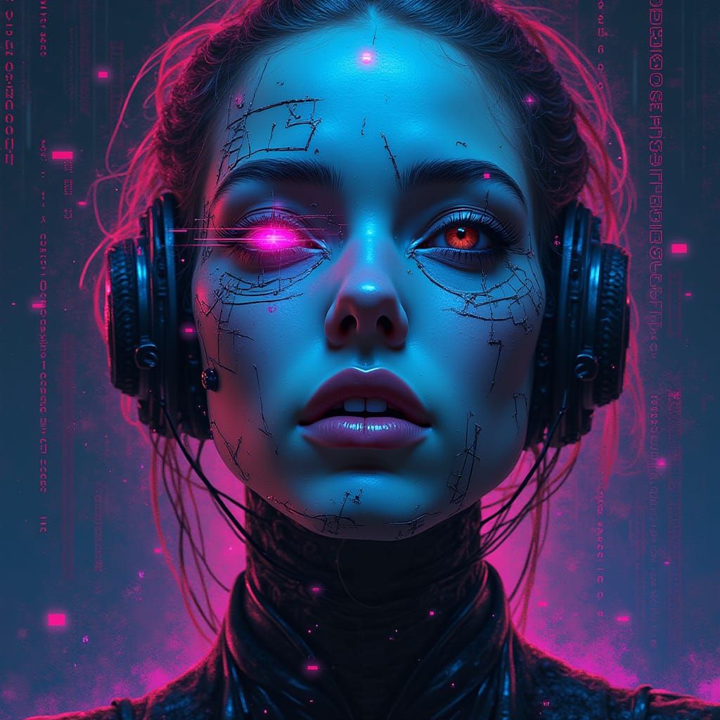 Cyborg Woman Pixelated Portrait in Cyberpunk Style