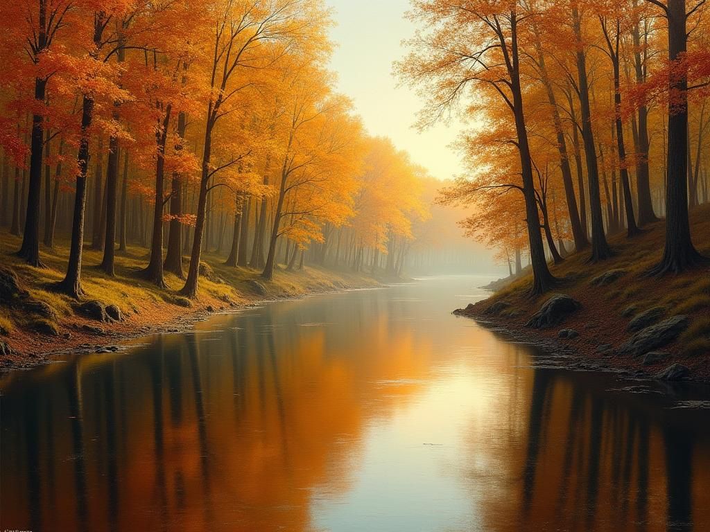 Forest Reflected in River: Luminist Autumn Landscape