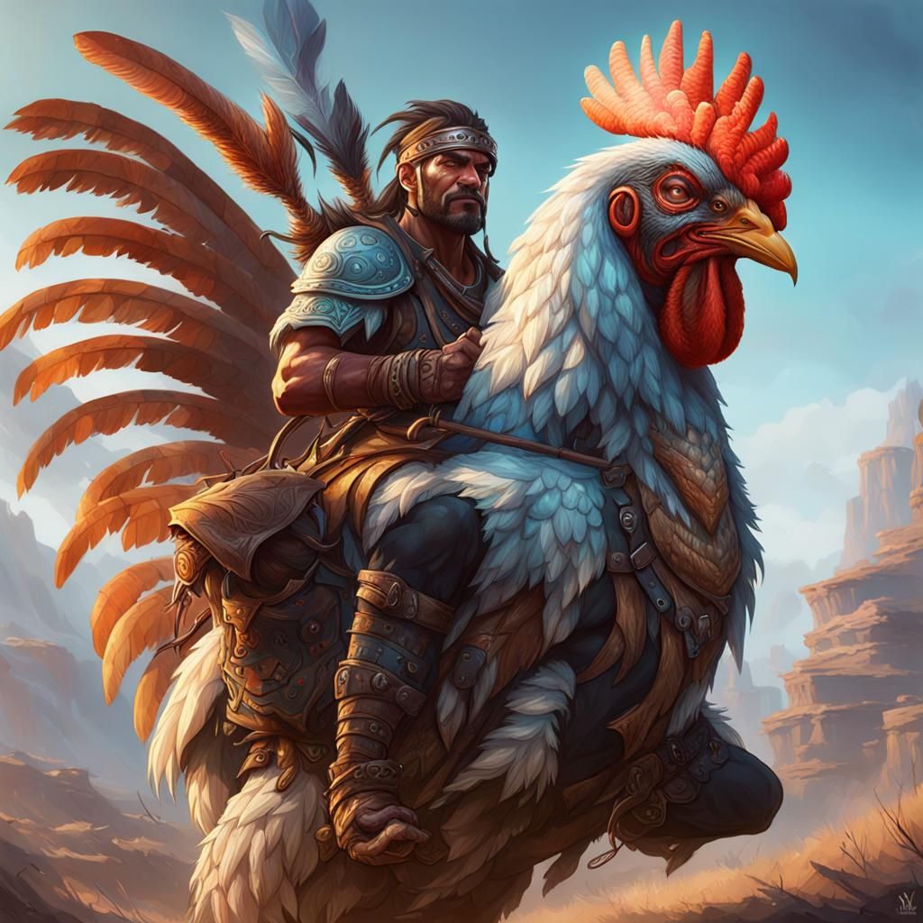 Tribal Hunter Rides a Chicken Monster Portrait