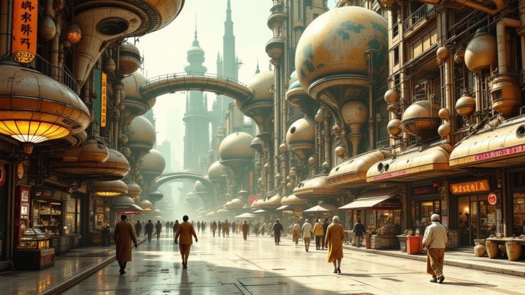 Majestic Alien Business District in Retro-Futuristic Style