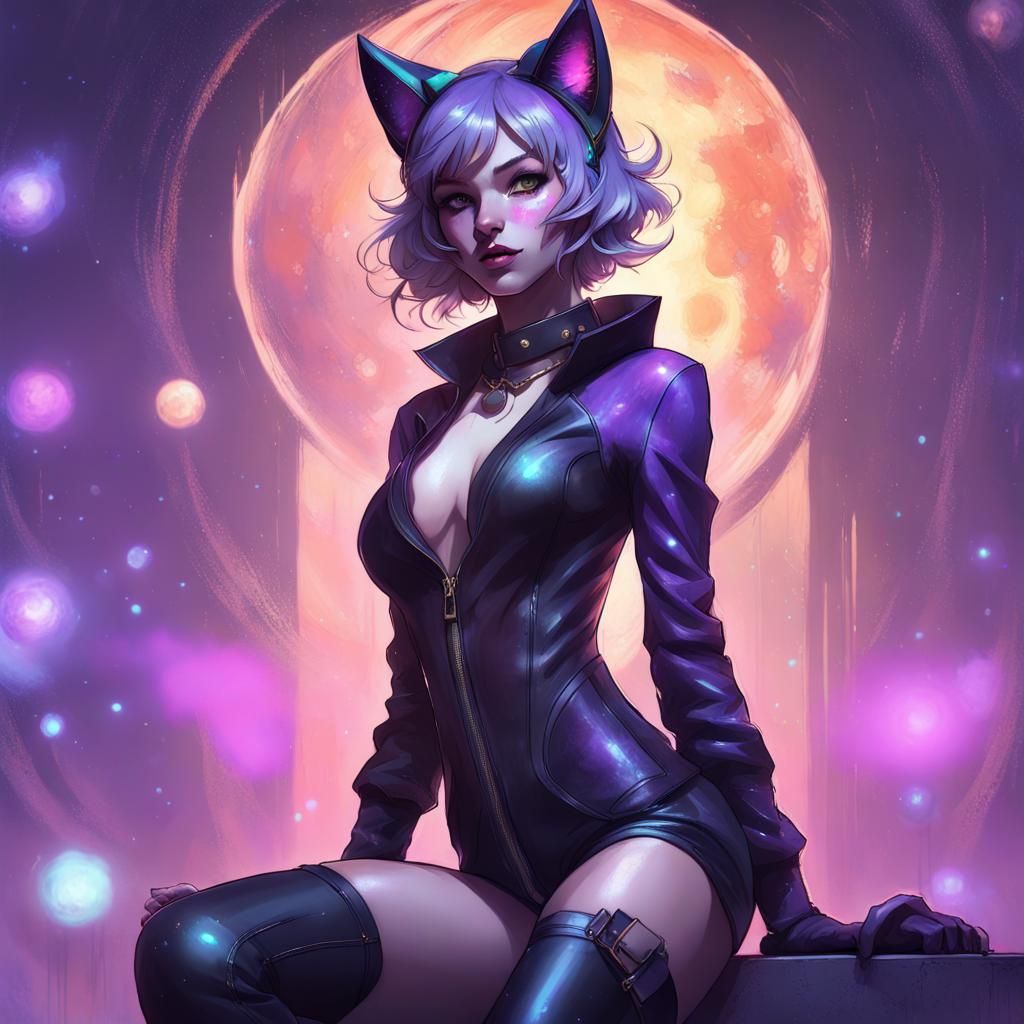 Catgirl Jester in Galaxy, Detailed Matte Painting