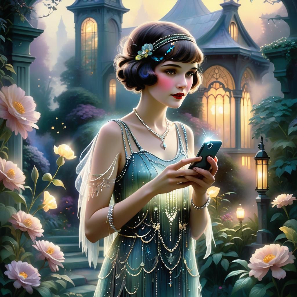 Flapper in Mystical Garden Holding Glowing iPhone